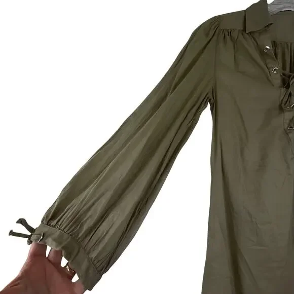 Anne Fontaine Paris Light Green Gray Tunic Blouse Lace Up V-Neck Size 36 - Picture 4 of 13